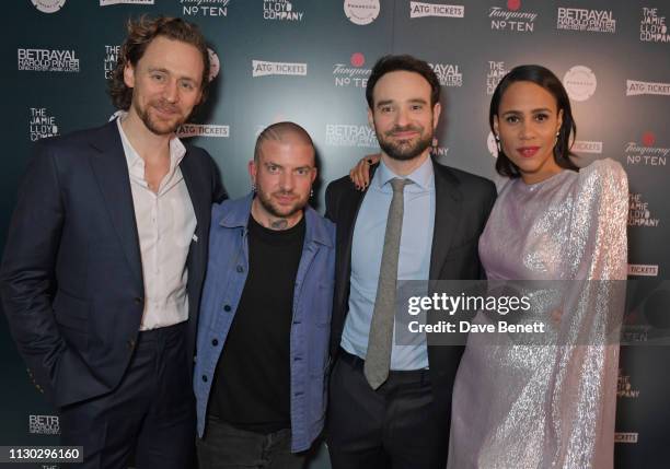 Tom Hiddleston, Jamie Lloyd, Charlie Cox and Zawe Ashton attend the press night after party for "Betrayal" at The Cafe In The Crypt, St...