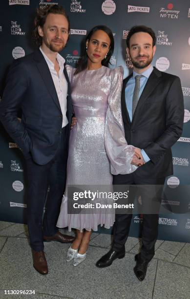 Tom Hiddleston, Zawe Ashton and Charlie Cox attend the press night after party for "Betrayal" at The Cafe In The Crypt, St Martin-in-the-Fields, on...
