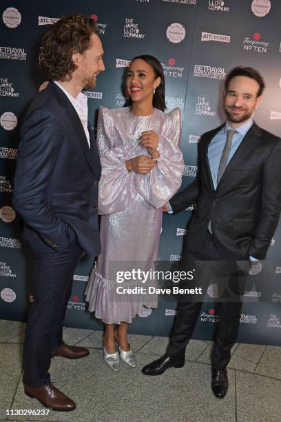 Tom Hiddleston, Zawe Ashton and Charlie Cox attend the press night after party for "Betrayal" at The Cafe In The Crypt, St Martin-in-the-Fields, on...