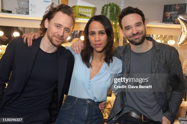 Cast members Tom Hiddleston, Zawe Ashton and Charlie Cox pose backstage following the press night performance of "Betrayal" at The Harold Pinter...