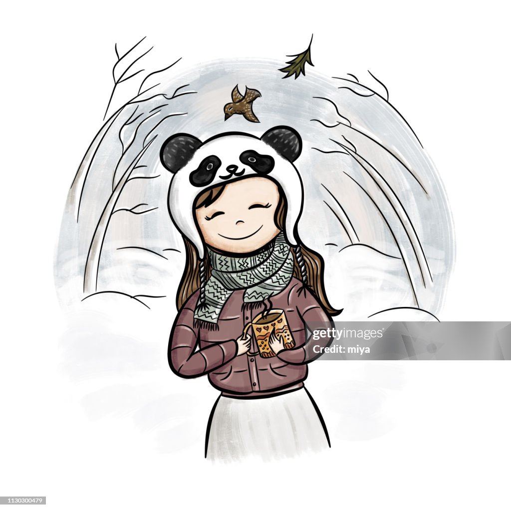 Cute winter cartoon girl with coffee - Illustration