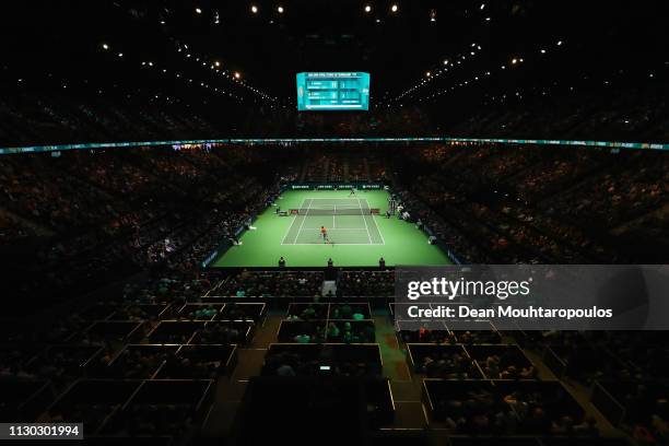 Gael Monfils of France serves to Stan Wawrinka of Switzerland in their Mens Final during Day 7 of the ABN AMRO World Tennis Tournament at Rotterdam...