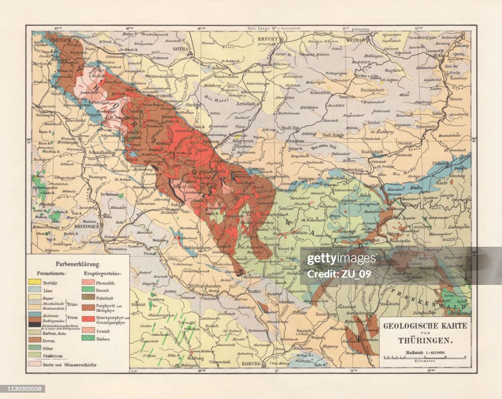 Geologische kaart van Thüringen, lithografie, gepubliceerd in 1897