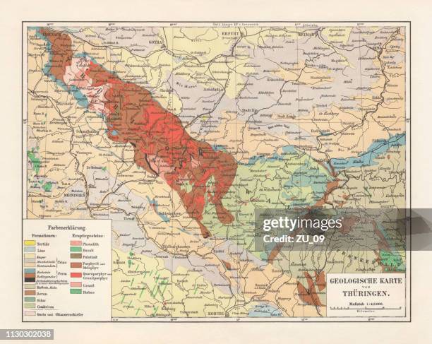 ilustrações, clipart, desenhos animados e ícones de mapa geológico de litografia, turíngia, publicado em 1897 - turíngia