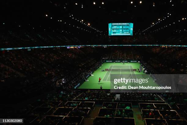 General view as Gael Monfils of France returns a backhand to Stan Wawrinka of Switzerland in their Mens Final during Day 7 of the ABN AMRO World...