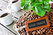 Coffee beans and coffee plant and Fair Trade label