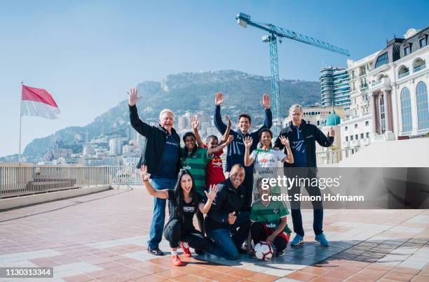 Laureus Members, Boris Becker, Cafu, Arsene Wenger and Event Host, James Marsden with Neeta Kumari, Hema Kumari, Konika Kumari, Radha Kumari, of the...