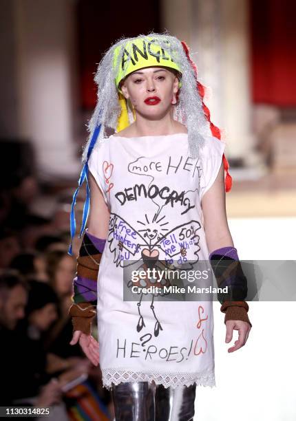 Rose McGowan walks the runway at the Vivienne Westwood show during London Fashion Week February 2019 on February 17, 2019 in London, England.