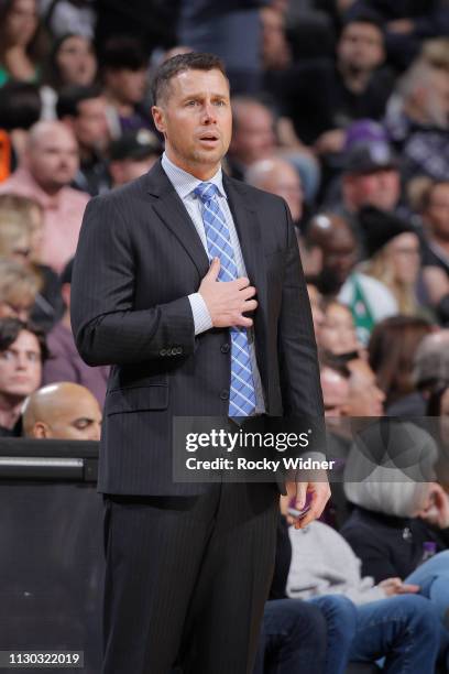 Head coach Dave Joerger of the Sacramento Kings looks on during the game against the Boston Celtics on March 6, 2019 at Golden 1 Center in...