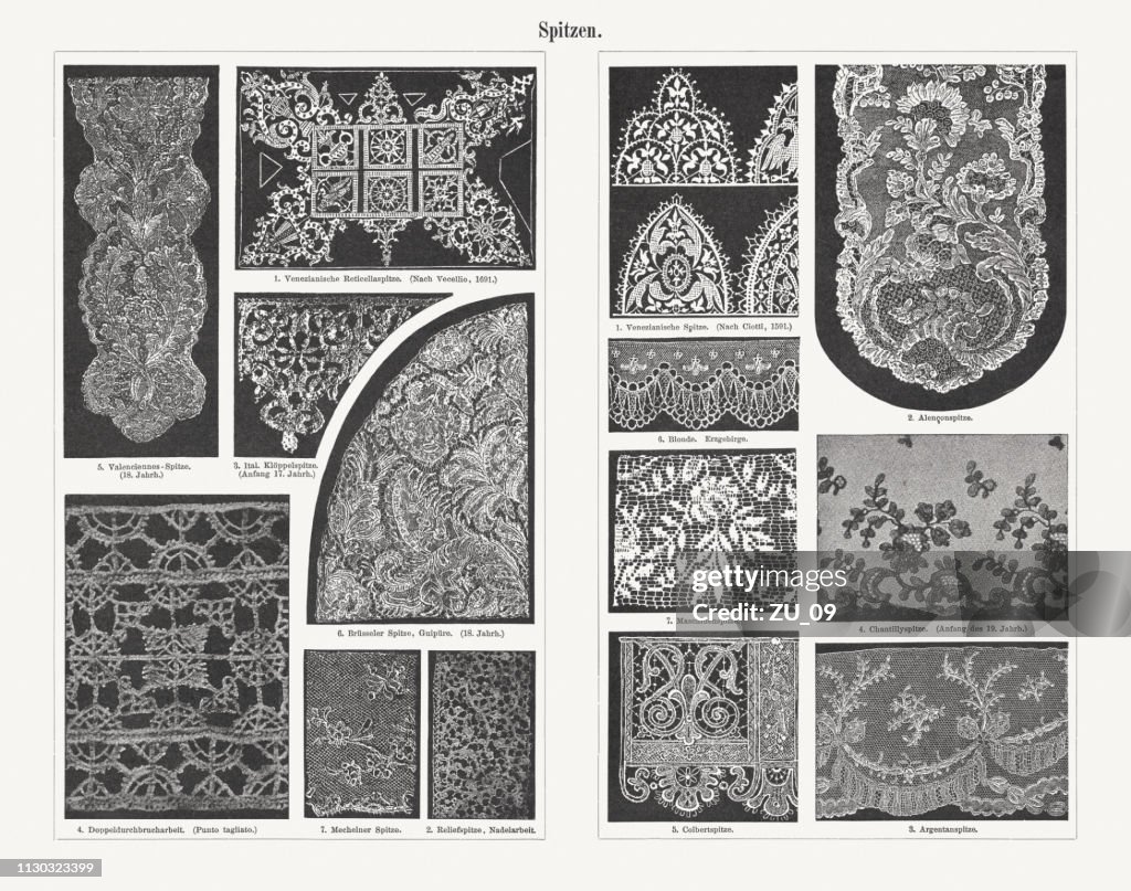 Lace trimmings (16th - 19th century), wood engravings, published 1897