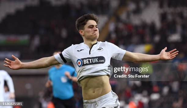 Swansea player Daniel James celebrates after scoring his goal during the FA Cup Fifth Round match between Swansea and Brentford at Liberty Stadium on...