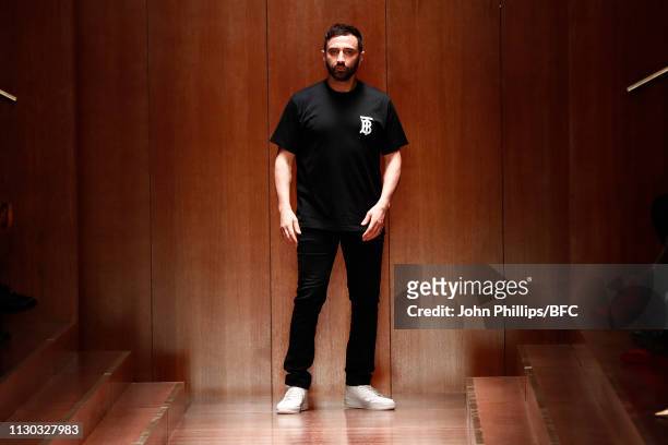 Designer Riccardo Tisci opn the runway at the Burberry show during London Fashion Week February 2019 on February 17, 2019 in London, England.
