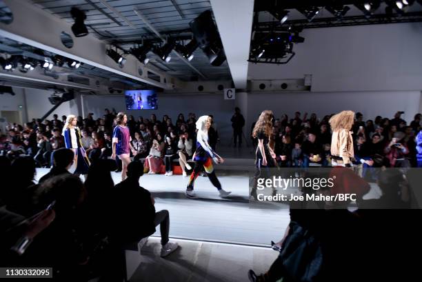 Models walk the runway at the Osman during London Fashion Week Festival at the BFC Show Space on February 17, 2019 in London, England.