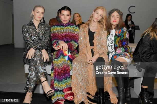 Anne-Marie, Grace Woodward, Lady Mary Charteris and Jaime Winstone attend the Ashish show during London Fashion Week February 2019 at Ambika P3 on...