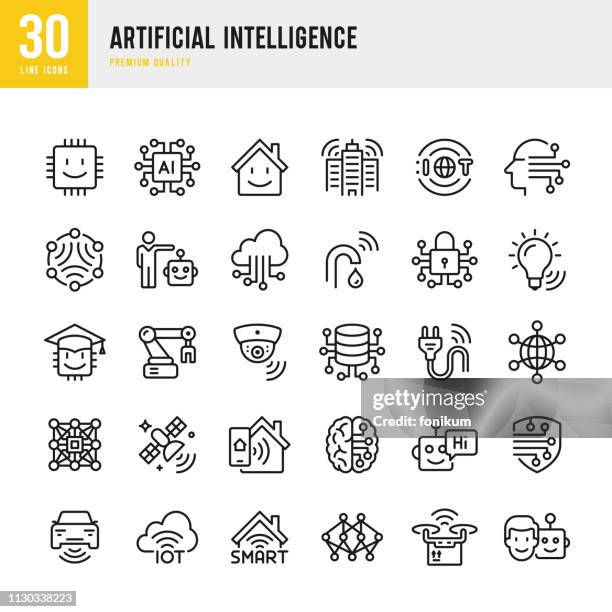 ilustraciones, imágenes clip art, dibujos animados e iconos de stock de inteligencia artificial - conjunto de iconos de vector de línea - brazo robótico herramientas de fabricación