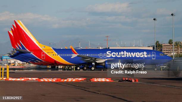 Group of Southwest Airlines Boeing 737 MAX 8 aircraft sit on the tarmac at Phoenix Sky Harbor International Airport on March 13, 2019 in Phoenix,...