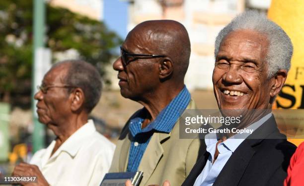 Sir Everton Weekes, Sir Wes Hall and Sir Garfield Sobers during a presentation in the interval of the One Day Tour Match between England and The...