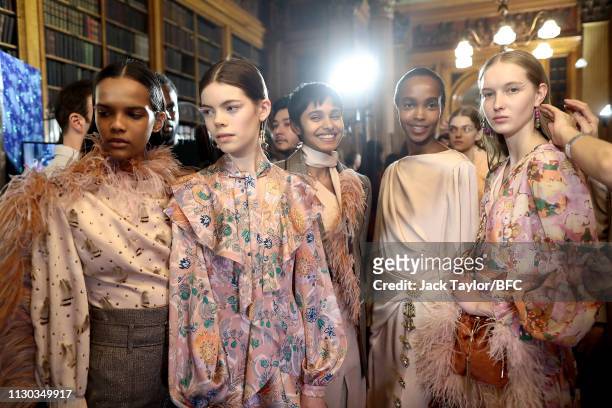 Models pose backstage ahead of the Peter Pilotto show during London Fashion Week February 2019 on February 17, 2019 in London, England.