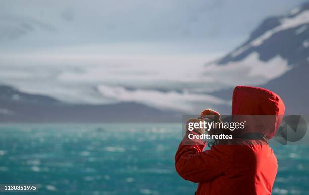 woman ship view antarctic peninsula ice filled - antarctica people stock pictures, royalty-free photos & images