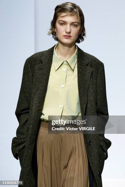 Model walks the runway at the Margaret Howell Ready to Wear Fall/Winter 2019-2020 fashion show during London Fashion Week February 2019 on February...