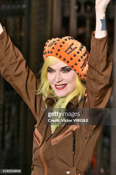 Designer Pam Hogg walks the runway at the Pam Hogg Ready to Wear Fall/Winter 2019-2020 fashion show during London Fashion Week February 2019 on...