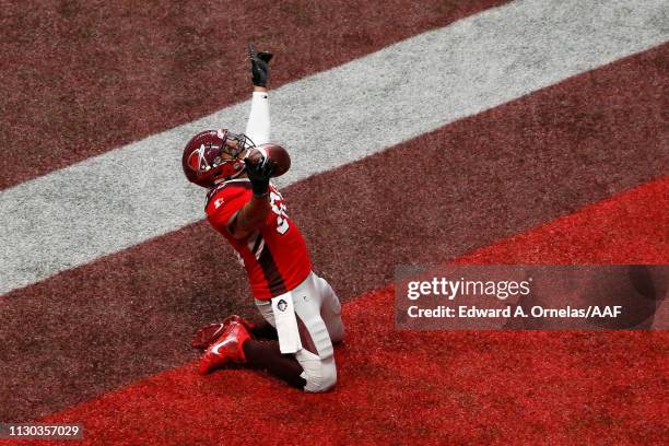 Evan Rodriguez of the San Antonio Commanders celebrates after scoring a touchdown during the first quarter against the Orlando Apollos in an Alliance...