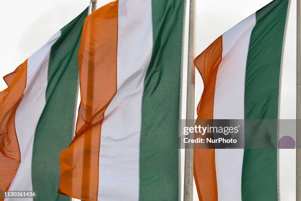 Irish flags seen in Dublin's city center ahead of St Patrick's Day 2019 celebrations. On Wednesday, March 13 in Dublin, Ireland.