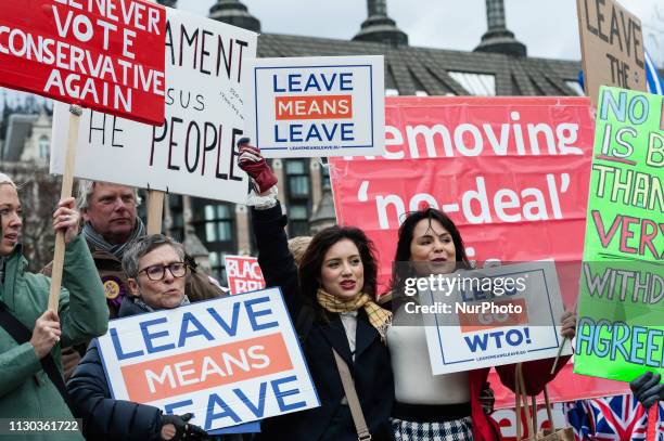 Pro-Brexit supporters protest outside the Houses of Parliament in London as they campaign for a no deal Brexit on 13 March, 2019. Today MPs debate...