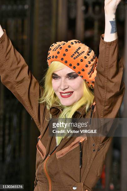 Designer Pam Hogg walks the runway at the Pam Hogg Ready to Wear Fall/Winter 2019-2020 fashion show during London Fashion Week February 2019 on...