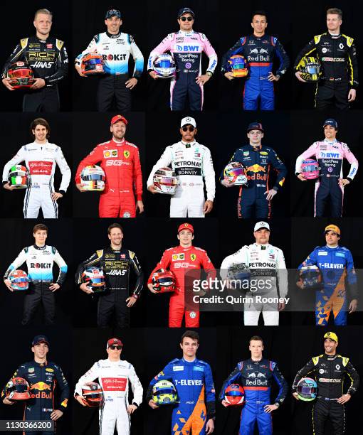 In this composite image, F1 Drivers for the 2019 Season pose for a photo during previews ahead of the F1 Grand Prix of Australia at Melbourne Grand...