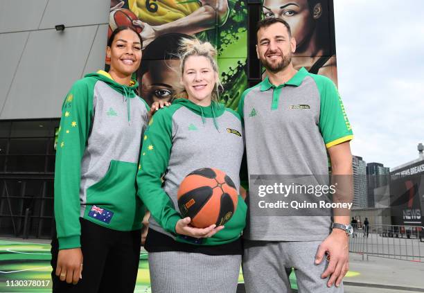 Lauren Jackson, Liz Cambage and Andrew Bogut pose during the 2019 NBL Finals Launch at Marvel Stadium on February 18, 2019 in Melbourne, Australia.