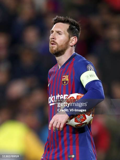 Lionel Messi of FC Barcelona during the UEFA Champions League round of 16 match between FC Barcelona and Olympique Lyonnais at Camp Nou on March 13,...