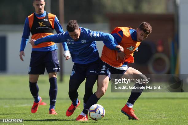 Ismael Bennacer and Giovanni Di Lorenzo of Empoli FC during training session on March 14, 2019 in Empoli, Italy.