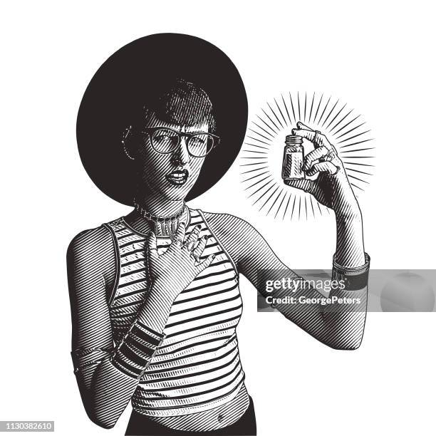 stockillustraties, clipart, cartoons en iconen met jonge hipster vrouw met zout shaker met verward gelaatsuitdrukking - salt shaker