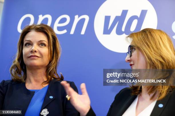 Goedele Liekens and Open Vld chairwoman Gwendolyn Rutten pictured during a press conference to present the Open Vld list for the upcoming elections...