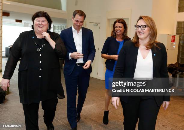 Open Vld's Herman De Croo, Goedele Liekens, Open Vld chairwoman Gwendolyn Rutten and Maggie De Block pictured during a press conference to present...