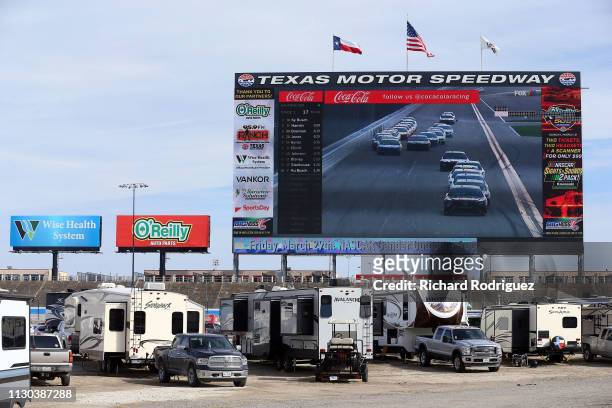 Campers are lined up on the infield of the track for the Daytona 500 Watch Party at Texas Motor Speedway on February 17, 2019 in Fort Worth, Texas.