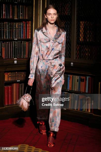 Model walks the runway at the Peter Pilotto show during London Fashion Week February 2019 on February 17, 2019 in London, England.