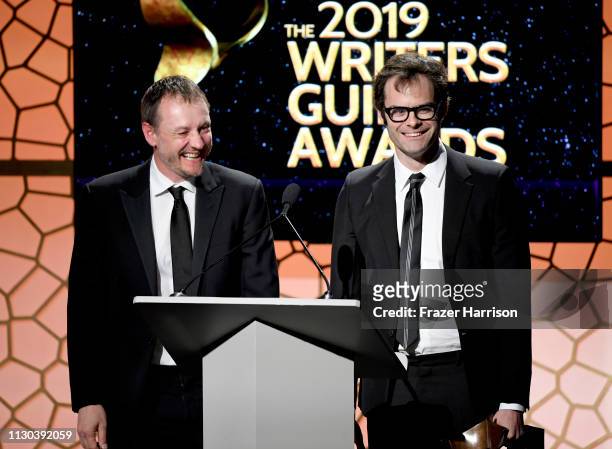 Alec Berg and Bill Hader accept an award onstage during the 2019 Writers Guild Awards L.A. Ceremony at The Beverly Hilton Hotel on February 17, 2019...