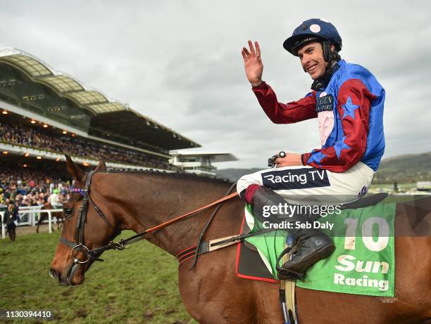 Cheltenham , United Kingdom - 14 March 2019; Jockey Aidan Coleman celebrates after winning the Sun Racing Stayers' Hurdle on Paisley Park during Day...