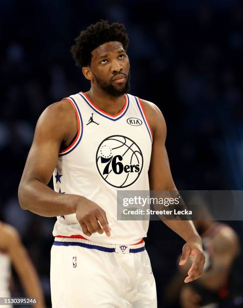 Joel Embiid of the Philadelphia 76ers and Team Giannis reacts during the NBA All-Star game as part of the 2019 NBA All-Star Weekend at Spectrum...