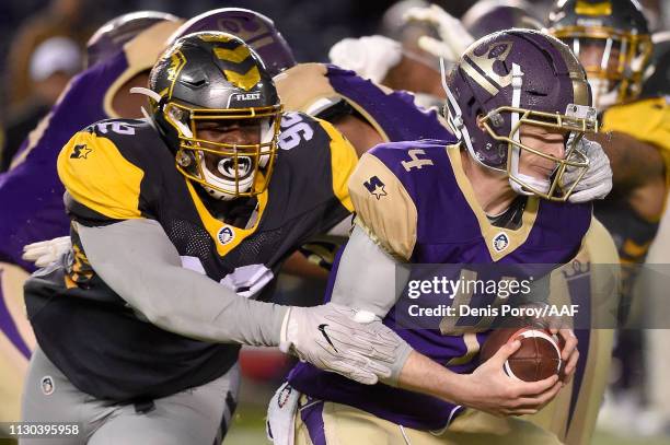 Shakir Soto of the San Diego Fleet sacks Matt Simms of the Atlanta Legends in the second quarter during the Alliance of American Football game at...