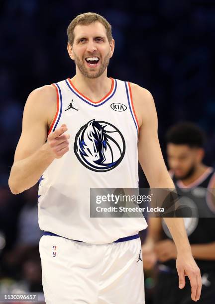 Dirk Nowitzki of the Dallas Mavericks and Team Giannis reacts against Team LeBron in the second quarter during the NBA All-Star game as part of the...