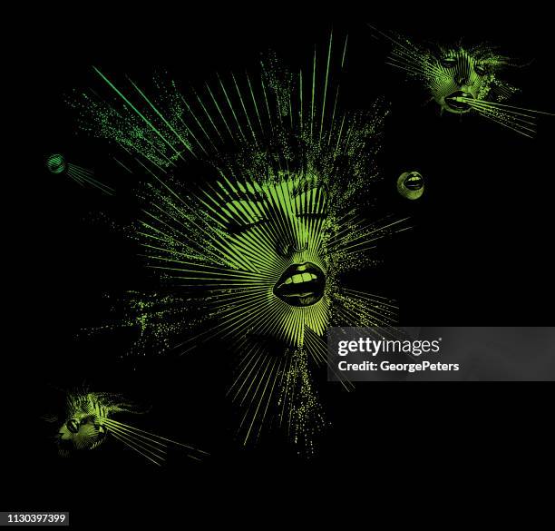 multiple exposure of a young woman's face with euphoric expression - multiple exposure face stock illustrations