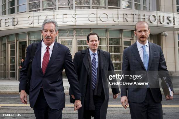 Attorneys representing Huawei Technologies Co., James Cole, Michael Levy and David Bitkower, depart the U.S. District Court for the Eastern District...