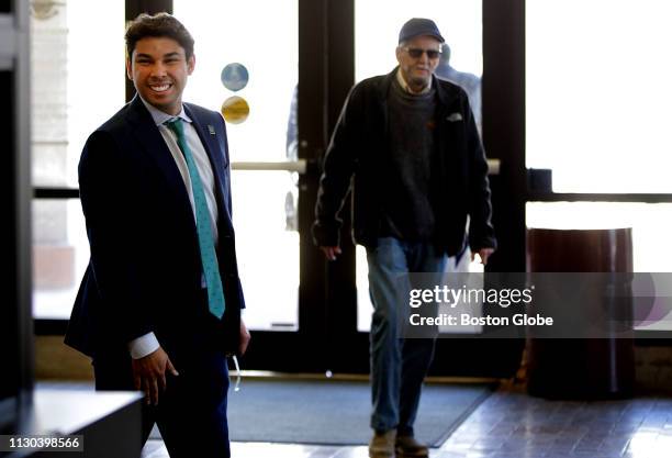 Fall River Mayor Jasiel Coreia smiles in the lobby of City Hall in Fall River, MA on March 13, 2019. On Wednesday, Mayor Jasiel F. Correia II resumed...