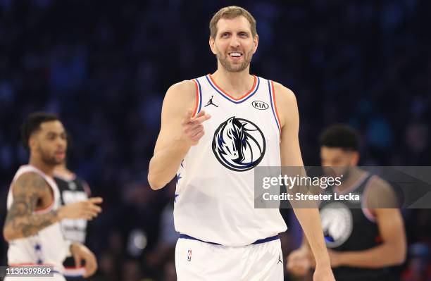 Dirk Nowitzki of the Dallas Mavericks reacts as they take on Team LeBron in the second quarter during the NBA All-Star game as part of the 2019 NBA...