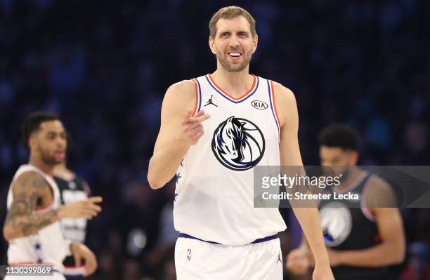 Dirk Nowitzki of the Dallas Mavericks reacts as they take on Team LeBron in the second quarter during the NBA All-Star game as part of the 2019 NBA...