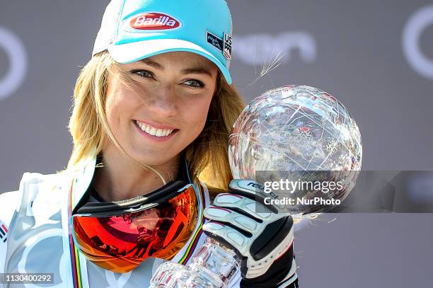 Mikaela Shiffrin of USA Ski Team win the Cristal Globe, at Ladies Super-G Audi FIS Ski World Cup, on March 14, 2019 in El Tarter, Andorra.