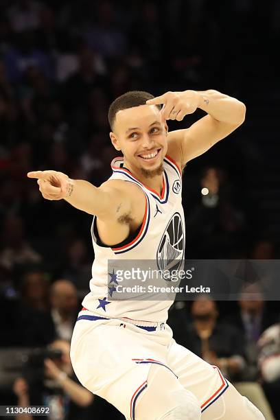 Stephen Curry of the Golden State Warriors and Team Giannis reacts against Team LeBron in the fourth quarter during the NBA All-Star game as part of...